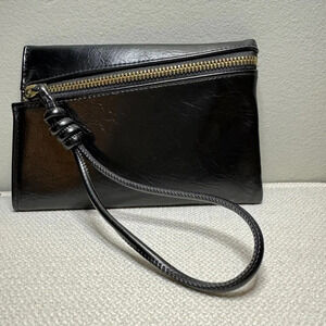 Black Faux Leather Wristlet with Gold Zipper